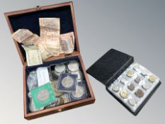 A stock book containing approximately 120 world coins, a further box of Victorian and later coins,