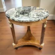 A French Empire-style walnut, gilt metal mounted and green marble gueridon table,