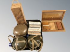 A group of Beatrix Potter volumes, two canteens, a further food canteen, a cigar box,