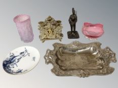 An Art Nouveau brass letter rack and a further silver plated twin handled tray,