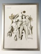 After Arne Rasmussen : Abstract figures, colour print with gilt highlights,