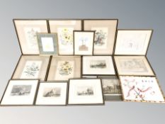 Assorted pictures and prints, 19th century engraved and hand coloured etchings,
