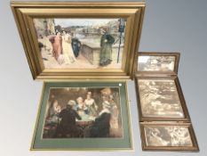 A tryptic monochrome print and two further gilt framed colour prints