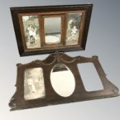 Two late Victorian overmantels containing colour and monochrome prints, largest 123 cm wide.