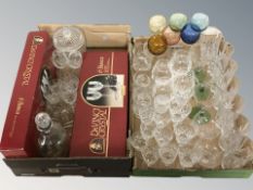 Various boxed and unboxed crystal drinking glasses, decanter, coloured hock glasses, etc.