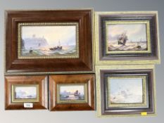 After N Errington : Figures in a rowboat off Tynemouth, colour print, 13 cm x 24 cm,