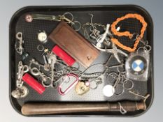 A turned wooden truncheon, quantity of keys, carabiner clips, etc.