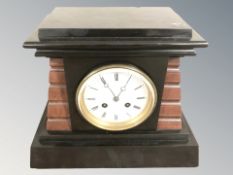 Two Victorian black slate and marble eight day mantel clocks, tallest 27 cm.