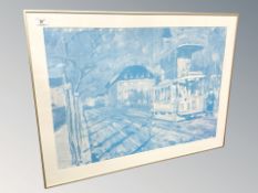 A Danish colour print depicting a tram, 72 cm x 50 cm.