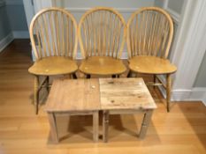 Three beech spindle back chairs and two small pine square occasional tables.