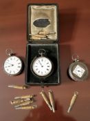 Three lady's silver fob watches, several watch keys.