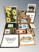 A large quantity of pictures, prints, mirrors, framed embroidery,