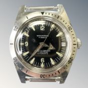 A gent's vintage stainless steel Wakmann automatic centre seconds calendar wristwatch,