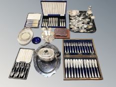 A quantity of silver plated items to include cutlery, sifter, goblets, a set of fish cutlery, etc.