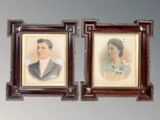 A pair of Victorian coloured photographic portraits in parcel gilt frames, overall 44 cm x 49 cm.