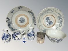A group of Chinese and Japanese blue and white porcelain including a pair of Arita vases,