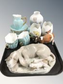 Seventeen pieces of Foley tea china on blue ground, a pair of Limoges cracked egg vases,