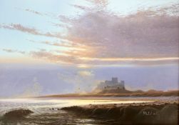 Robert 'Bob' Ritchie (British, 1934-2002) Bamburgh Castle, oil on canvas, 24cm by 34cm.