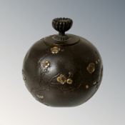 A Japanese Meiji period bronze and gold-overlaid koro, with lid, height 6 cm.