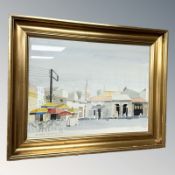 K Hansen : Figures by a cafe, watercolour, 39 cm x 29 cm.