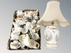 A quantity of shaving mugs and an Aynsley porcelain lamp base.