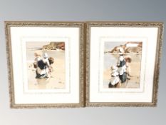 B McDonald : Figures on a beach with buckets of sand, a pair of watercolours, each 24 cm x 18.
