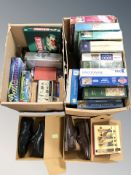 A collection of games and puzzles, cutlery set, two boxed pairs of shoes.