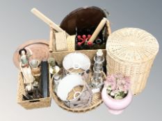 A group of wicker baskets, ornaments, lamp bases,