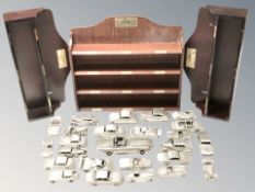 A collection of Danbury mint cast pewter Jaguar cars and three wooden display stands.