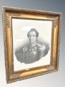 An antique monochrome depicting a soldier, in gilt frame, 30 cm x 35 cm.