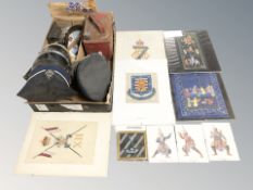 A group of military hats, vintage oil can, leather belt with soviet bras buckle, assorted stamps,