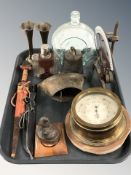 A brass ship's style barometer, a scale, two knives in sheathes, a hip flask, bells, etc.