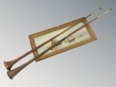 Two hunting horns and a gilt framed print after Garman Morris.