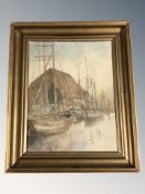 Continental School : Fishing boats moored in a harbour, oil on canvas, 32 cm x 25 cm,