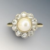 A fine antique 18ct yellow gold pearl and diamond cluster ring,