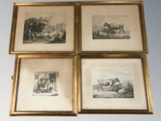 A group of four continental gilt framed monochrome etchings, and a further Japanese print.