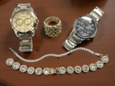 A large gent's gold-plated knot ring, two gent's watches signed Citolee and Emporio Armani,