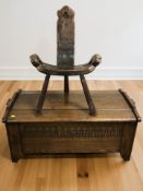 A reproduction oak blanket box, width 105 cm, together with a rustic pine tripod stool.