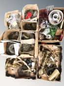 A quantity of brass table lamps, similar wall light fixtures, crystal lustres, glasswares, etc.