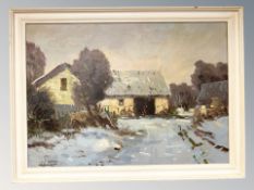 Danish School : A thatched barn in snow, oil on canvas, 65 cm x 46 cm.
