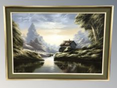 David A James (20th Century) : A calm river with water mill, oil on canvas, signed and dated '79,