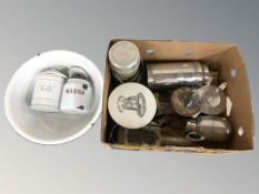 Metal wares including a set of scales, stainless steel kitchen wares, enameled metal kitchen bowl,