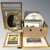 Assorted pictures and prints, porthole mirror, print of Durham after Tom MacDonald.