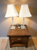 A modern single drawer square lamp table, width 60 cm, and a pair of table lamps.