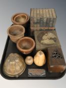 A group of treen bowls, copper jelly mould tins, etc.