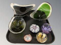Three art glass bowls and four paperweights including Caithness, Strathearn, etc.