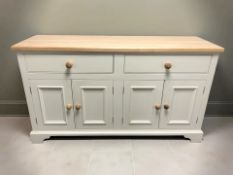 A modern painted farmhouse style dresser base with oak top, 153 cm x 50 cm x 87 cm.