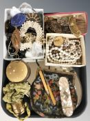 A collection of costume jewellery, Victorian mother of pearl spectacles case, pin cushion, etc.