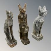 Three Egyptian style carved hardstone figures of cats, height 15 cm.