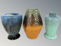 Three art glass vases, tallest 23 cm.
